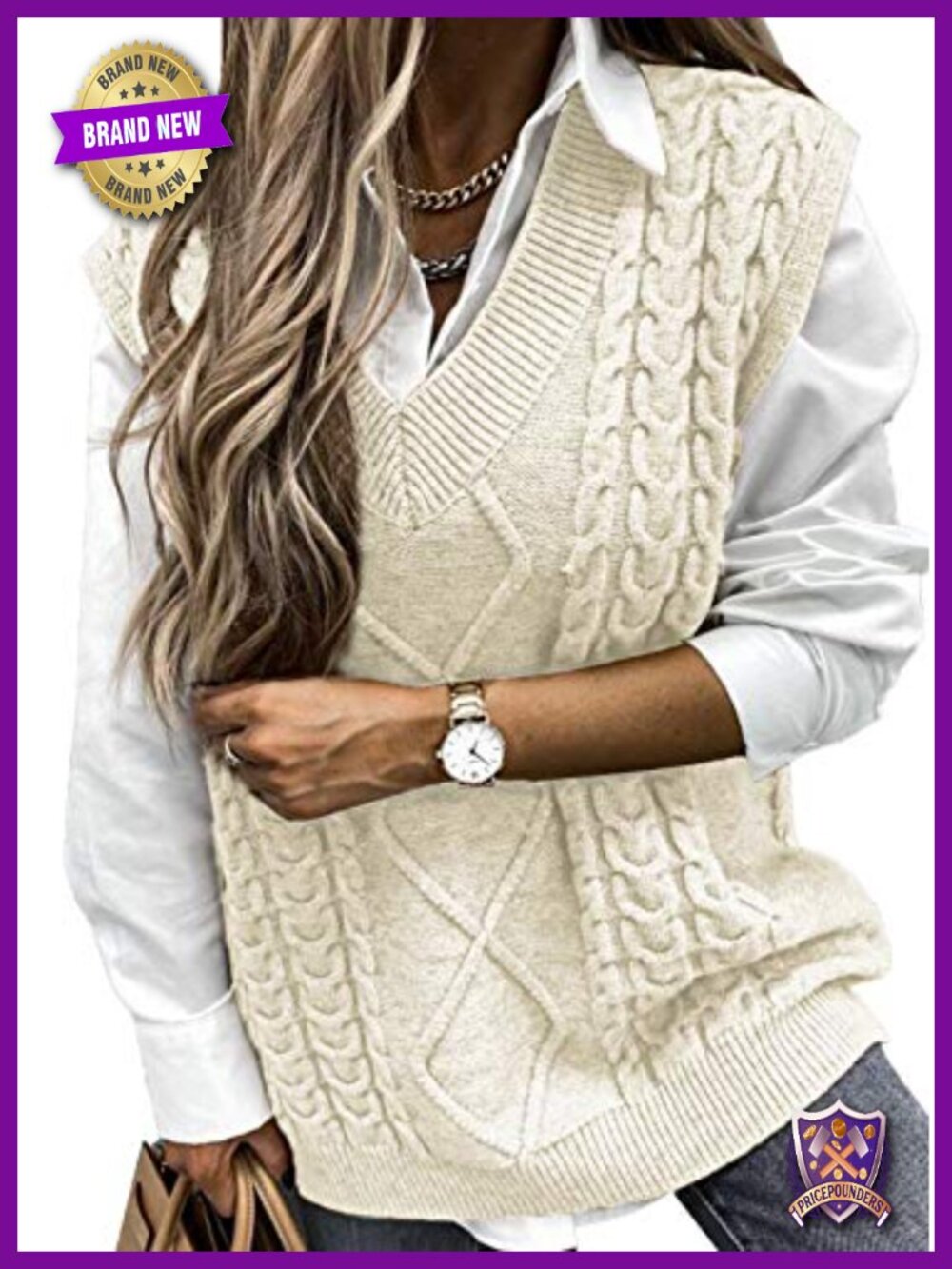 Oversized Cable Knit Sweater Vest V Neck Sleeveless Pullover Layerin